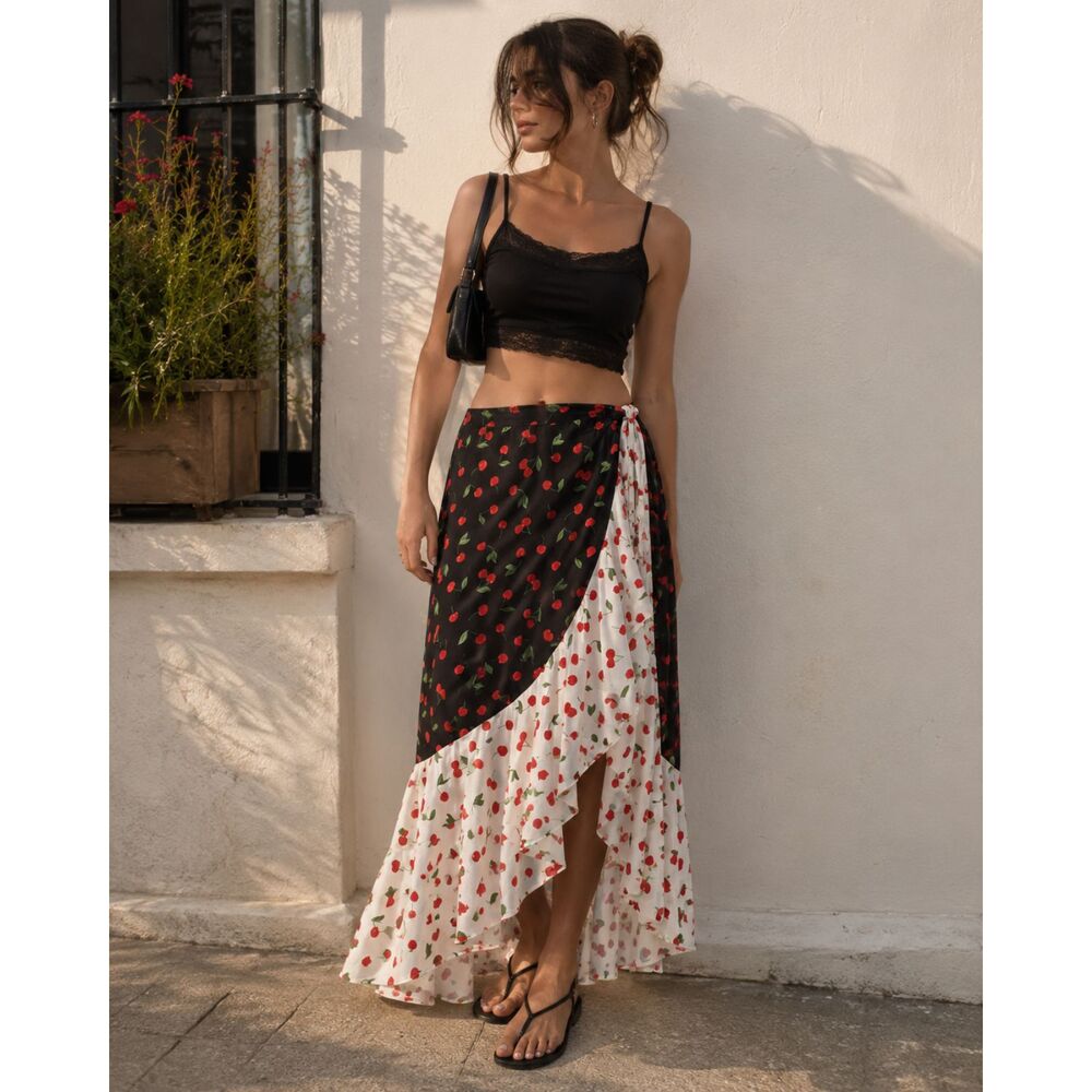 Summersalt Black White Cherry Maxi Wrap Skirt Women's Size Small
